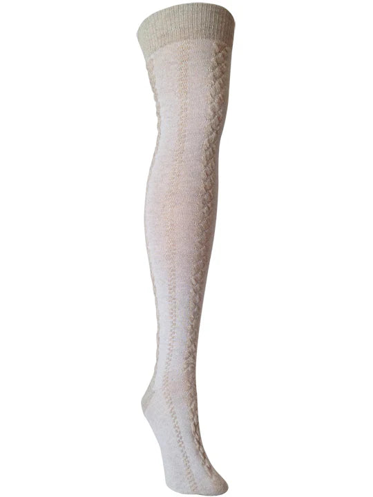 White knee-high sock with textured pattern on a white background