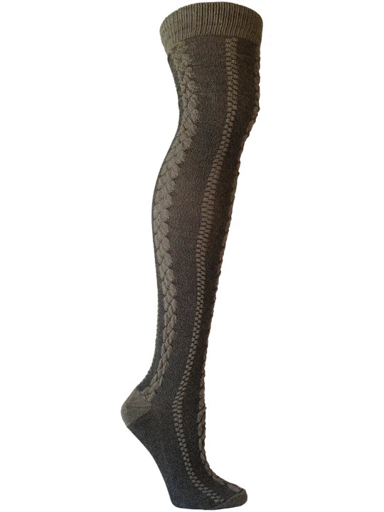 green knee-high sock with pattern on a white background