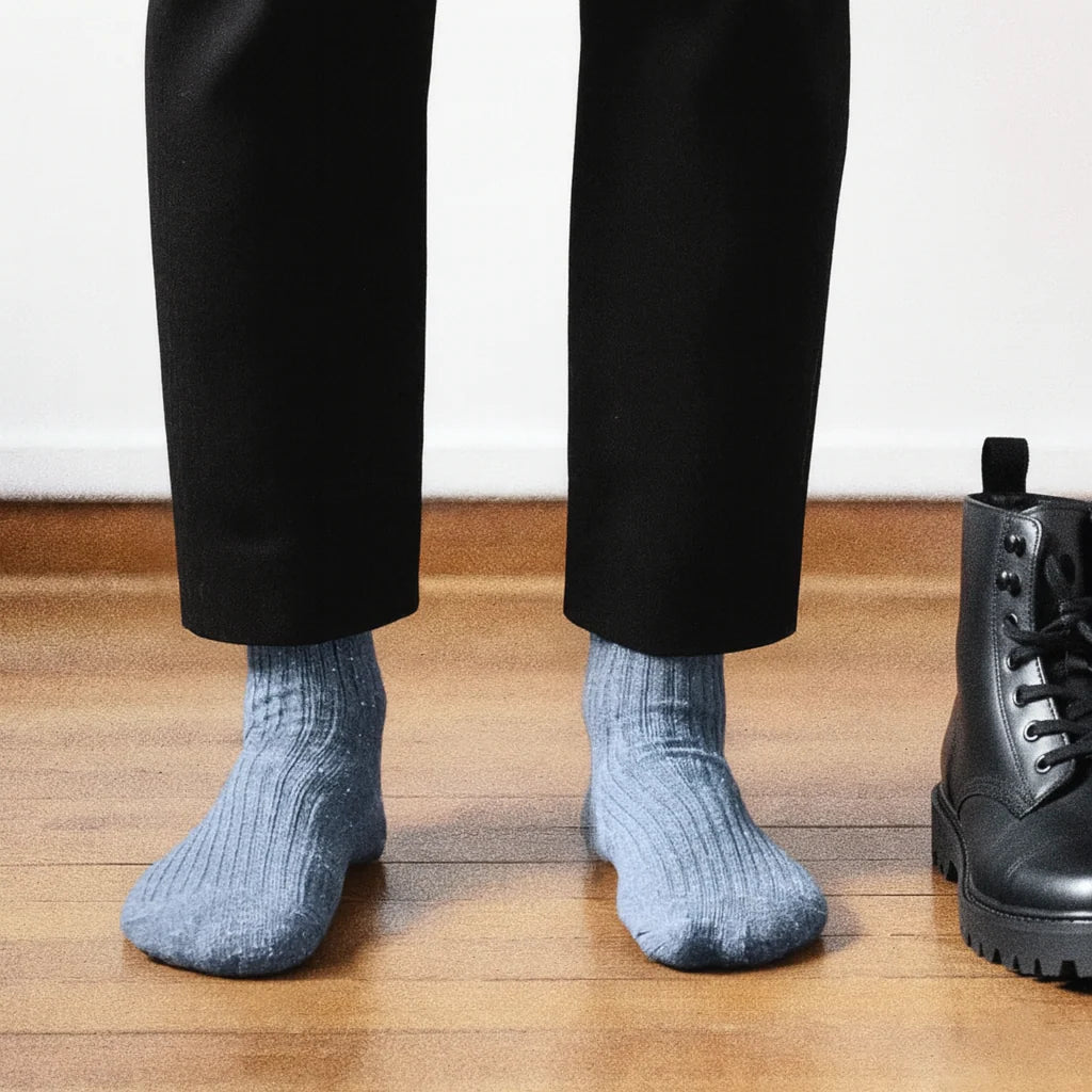Person wearing black pants and blue socks with a black boot on a wooden floor.