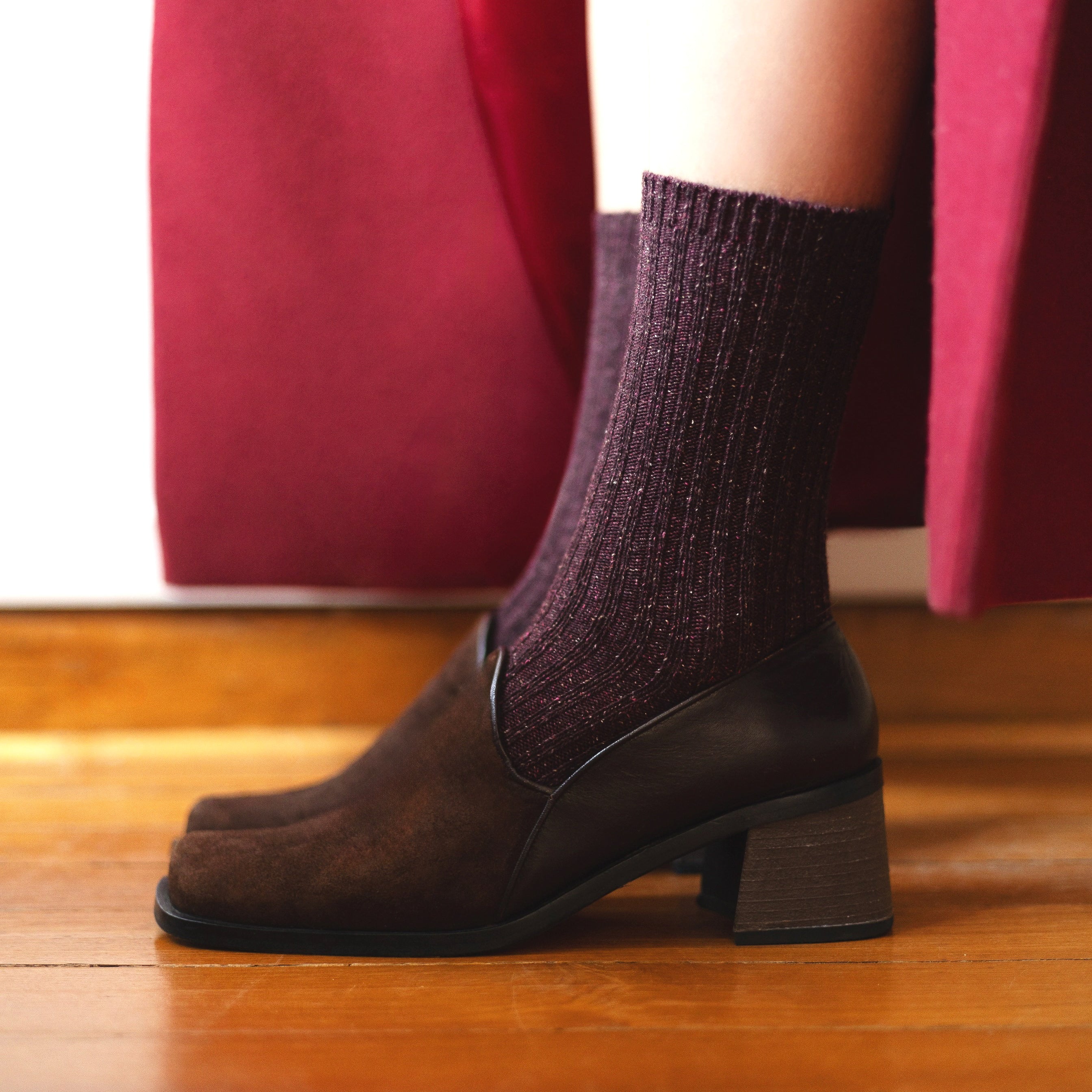 Silk and Wool Blend Socks - Star Dust on Burgundy