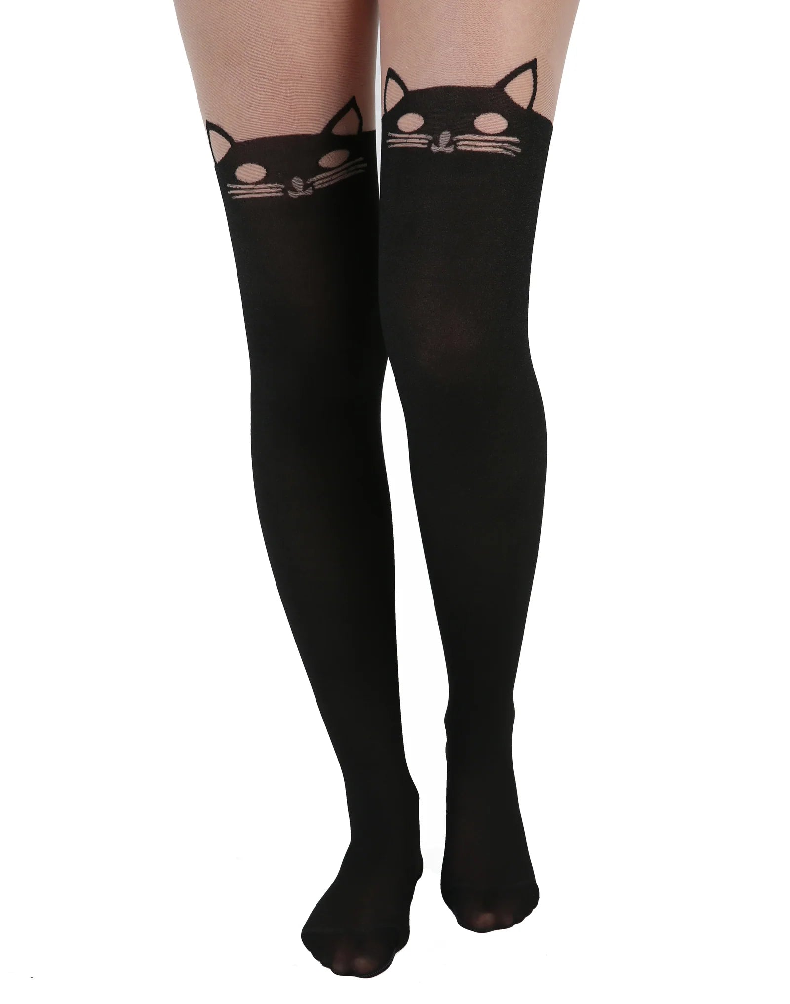 Black cat-themed tights on a white background