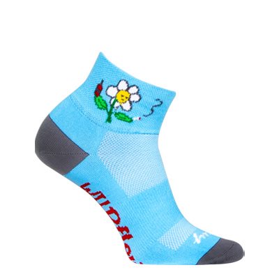 Light blue sock with a flower design on a white background