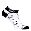 White ankle sock with black panda design and a black cuff on a white background
