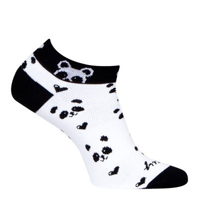 White ankle sock with black panda design and a black cuff on a white background