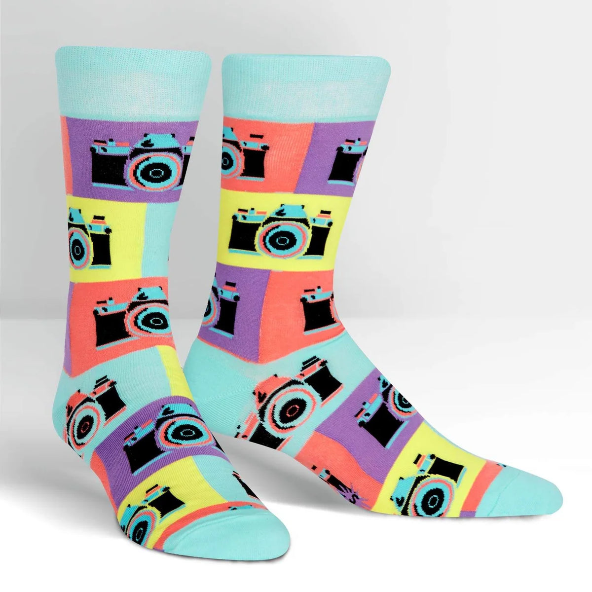 pop art themed socks with cameras on them