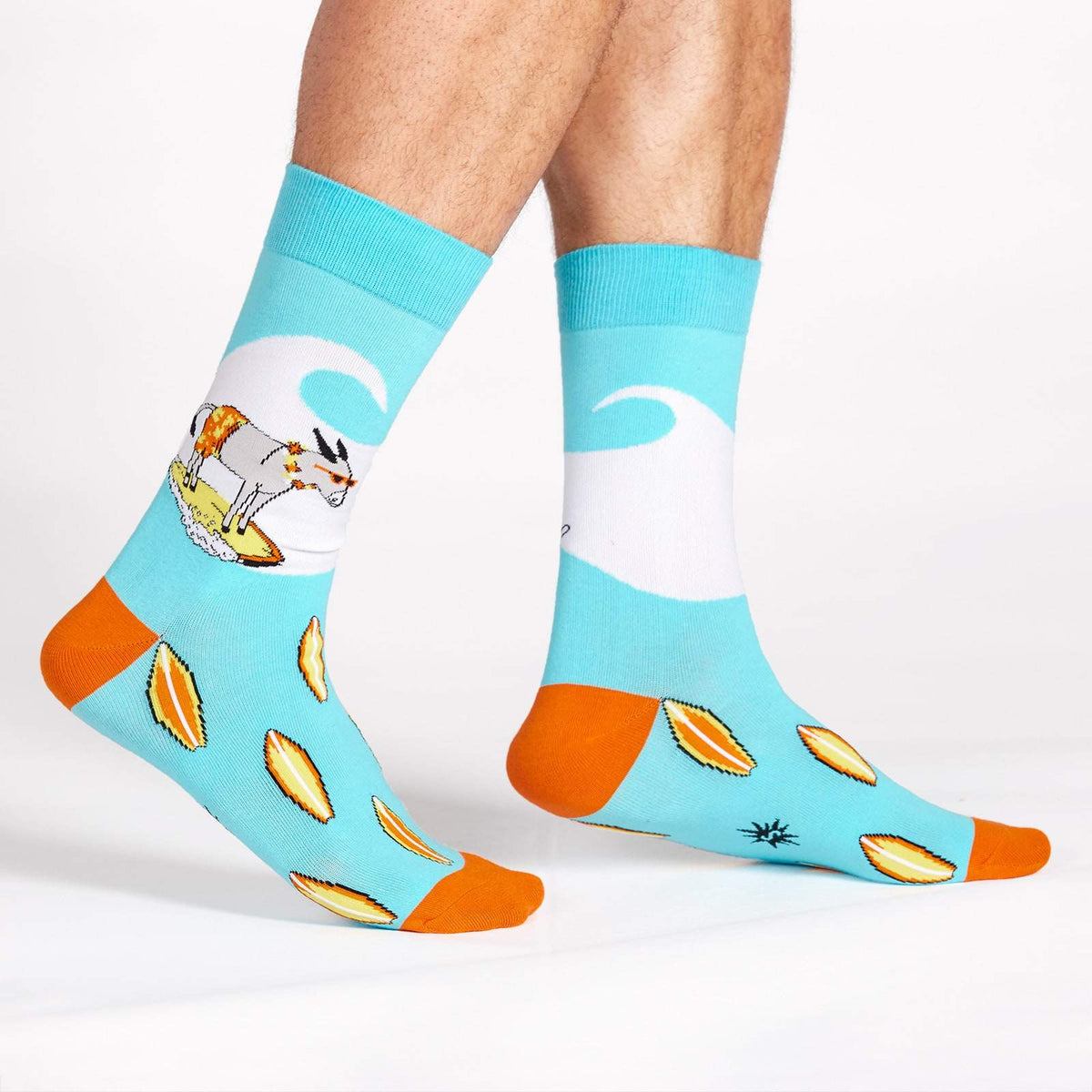 A donkey on a surfboard on a blue sock
