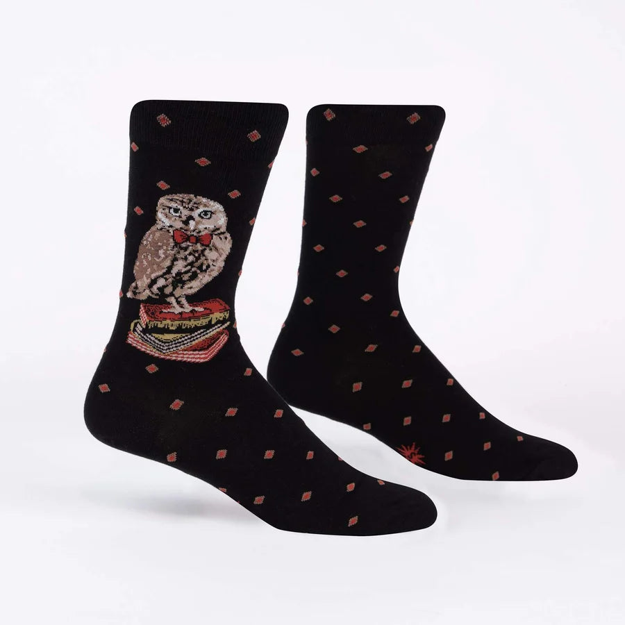 black socks with an owl sitting on a stack of books