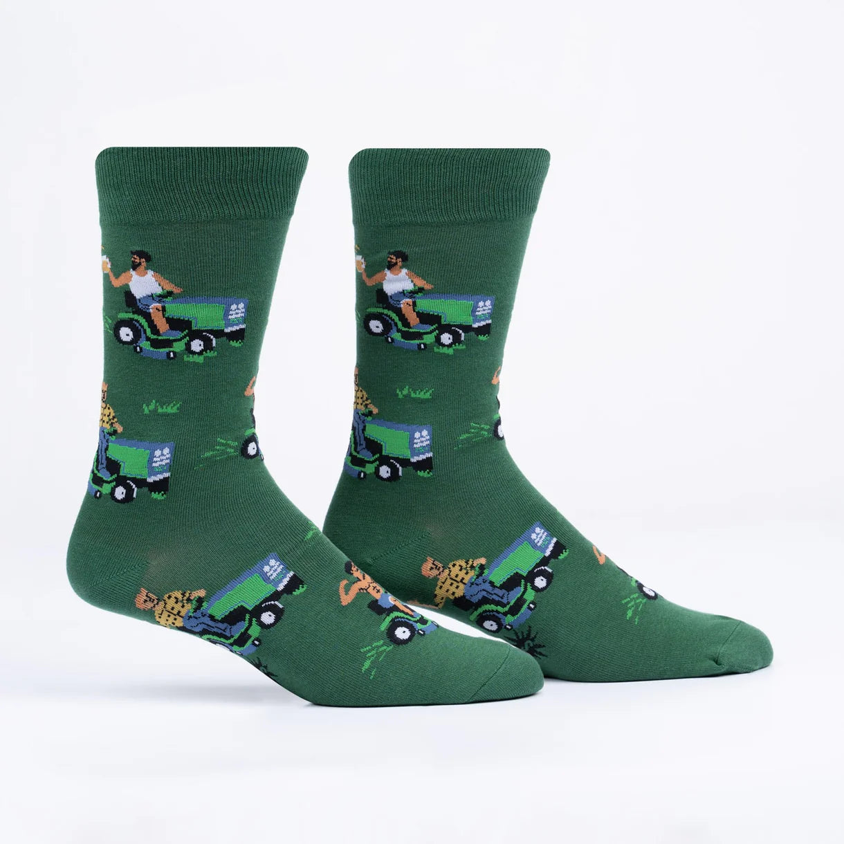 Green mens novelty socks with men riding ride on mowers. One is holding a beer mug - The Sockery