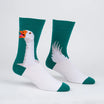 Two socks with goose design on a light gray background