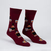burgundy socks with whiskey bottles and glasses