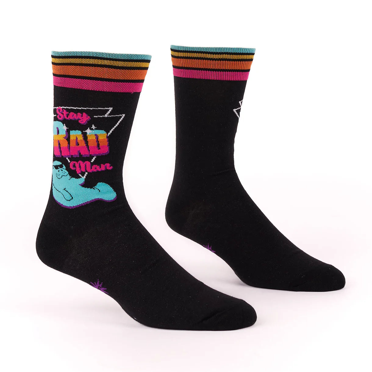 Black socks with colorful designs and text on a white background