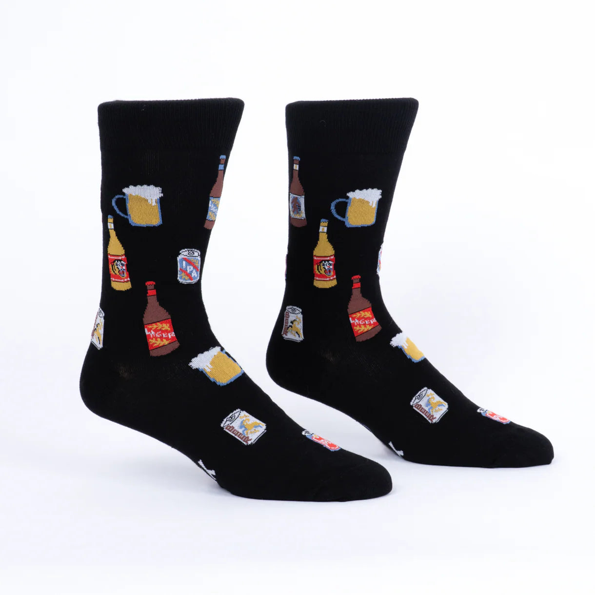 Black socks with beer bottle and mug pattern on a white background