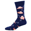 Navy blue sock with pink blobfish design on a white background