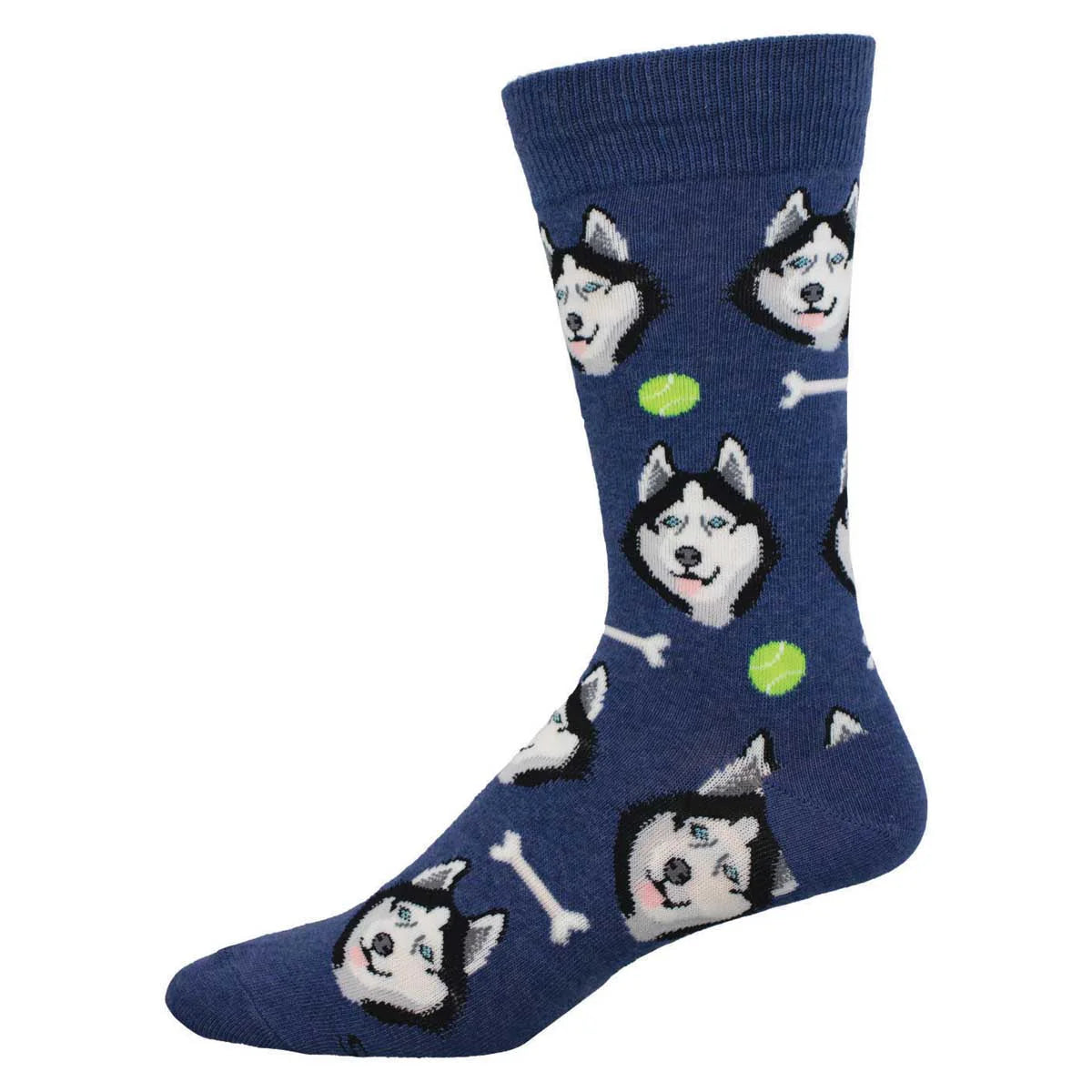 Blue sock with husky dog pattern on a white background