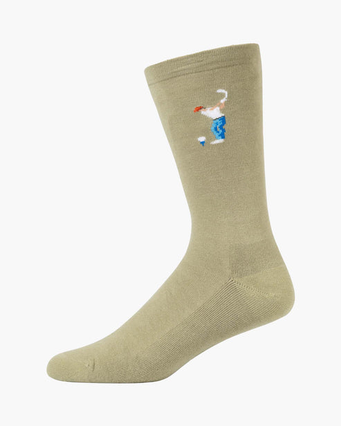A single light olive green crew sock with a small embroidered golf ball player graphic on the side, shown against a plain white background.