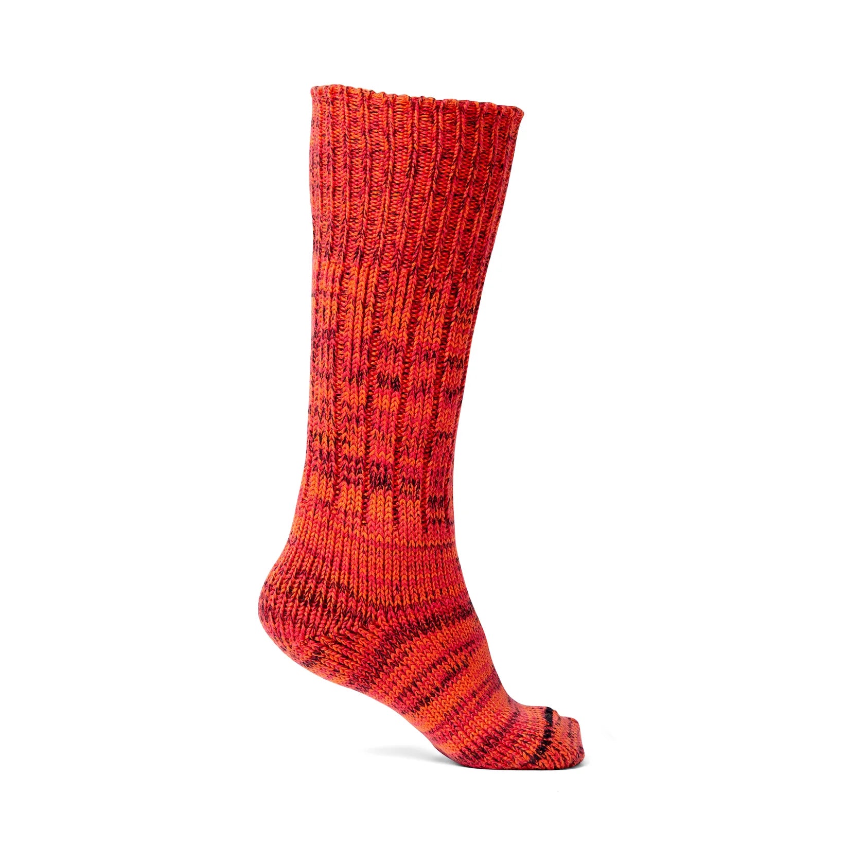 A single mid-calf knit sock in a heathered orange and red pattern, shown from the side on a white background.