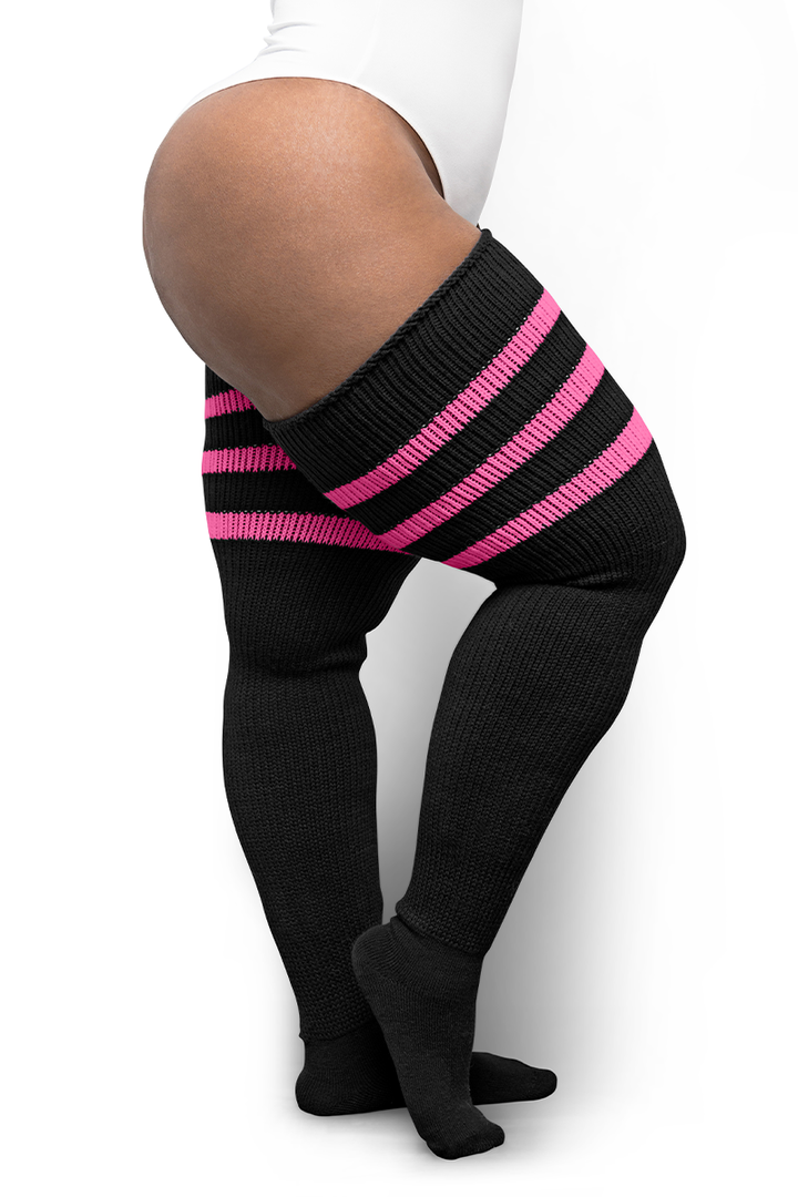 Plus Size Thigh High Socks in Black with Pink Stripes - The Sockery