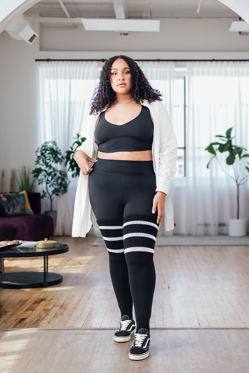 Plus Size Thigh High Socks in Black with White Stripes - The Sockery