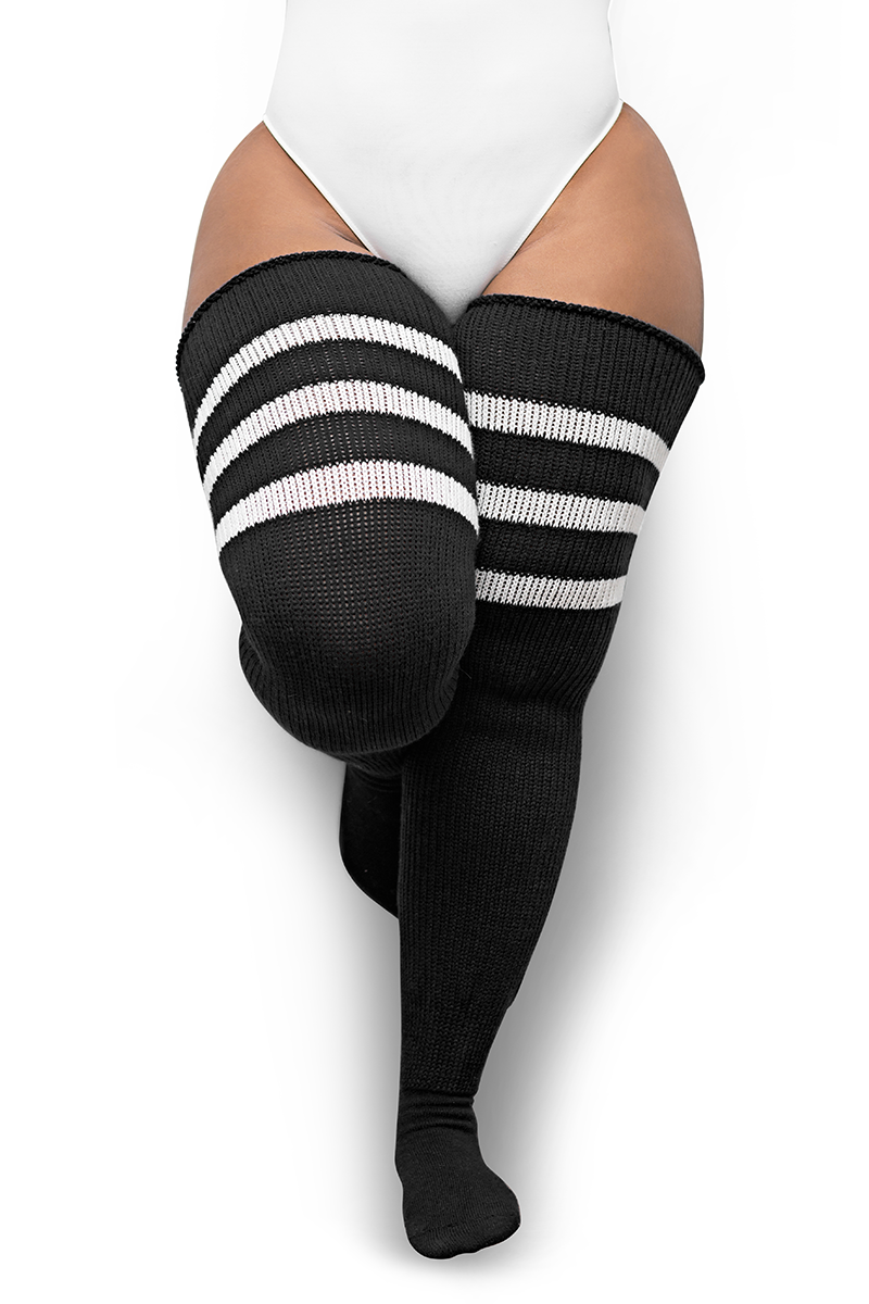 Plus Size Thigh High Socks in Black with White Stripes - The Sockery