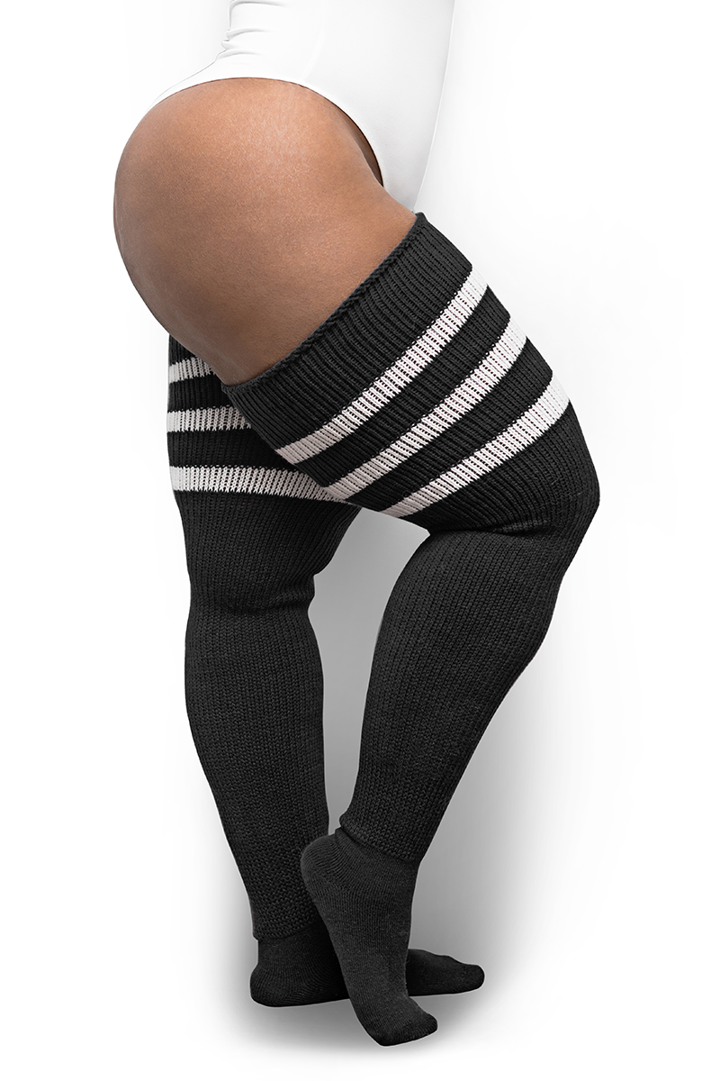 Plus Size Thigh High Socks in Black with White Stripes - The Sockery