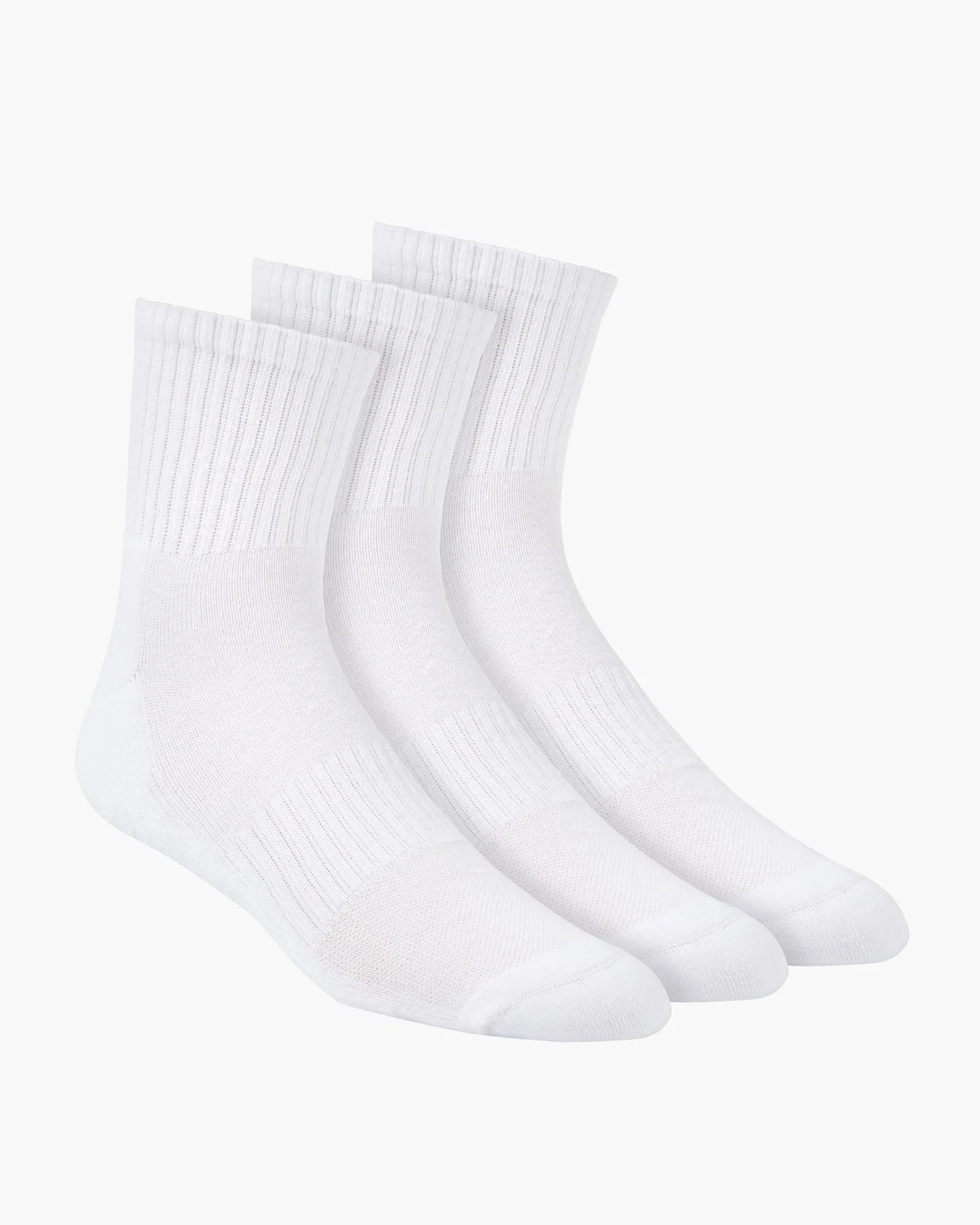 Three pairs of white socks on a white background