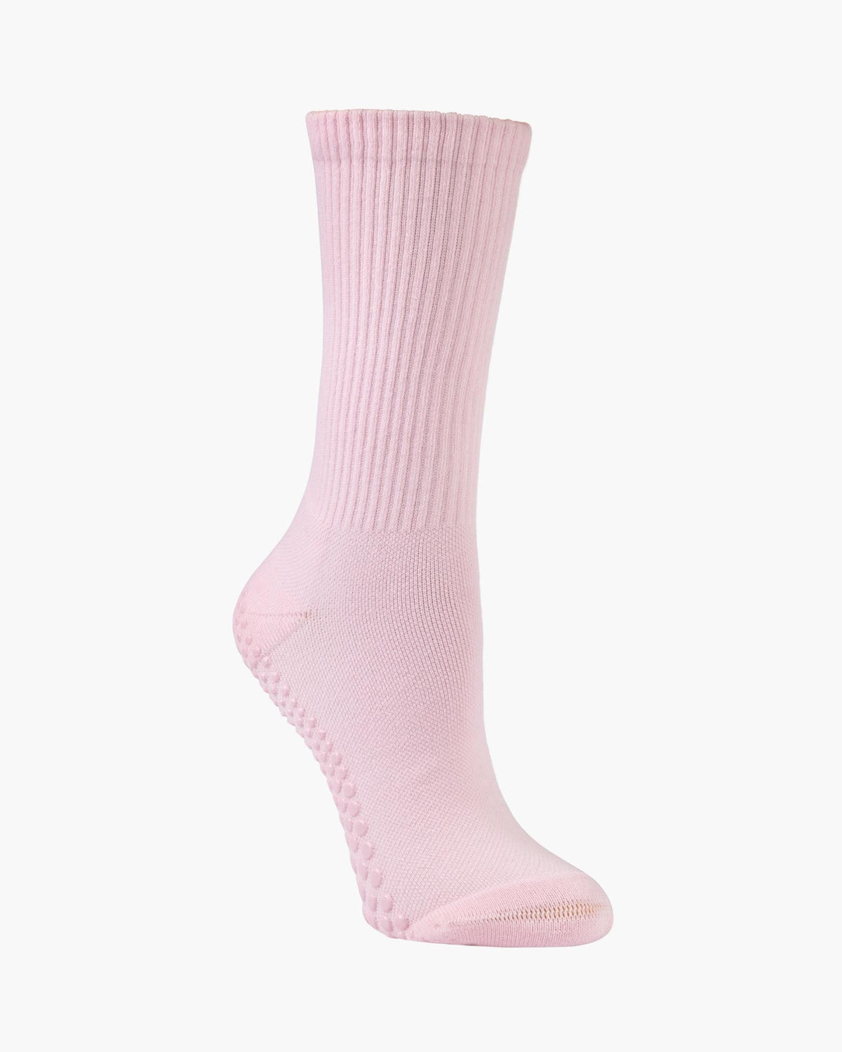 A single light pink ribbed crew sock shown on a white background.