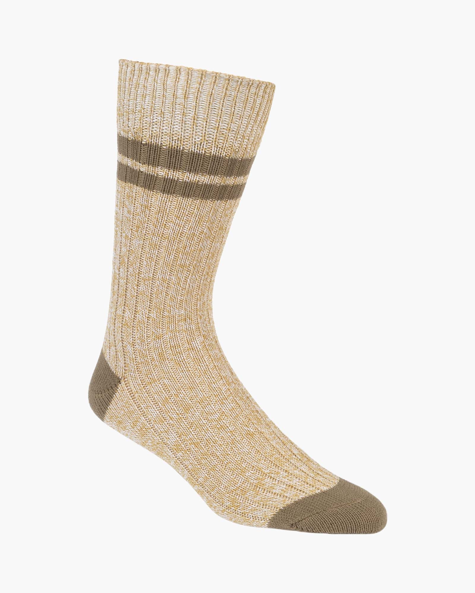 A single ribbed crew sock in a heathered tan and brown colorway, featuring two horizontal brown stripes near the cuff and solid brown toe and heel sections, shown against a plain white background.