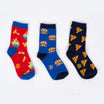 Three pairs of socks with fast food-themed designs on a white background