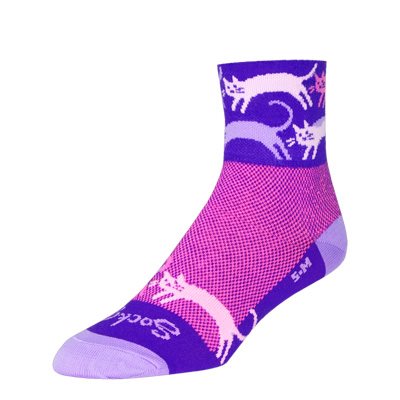 Pink and purple sock with cat design on a white background