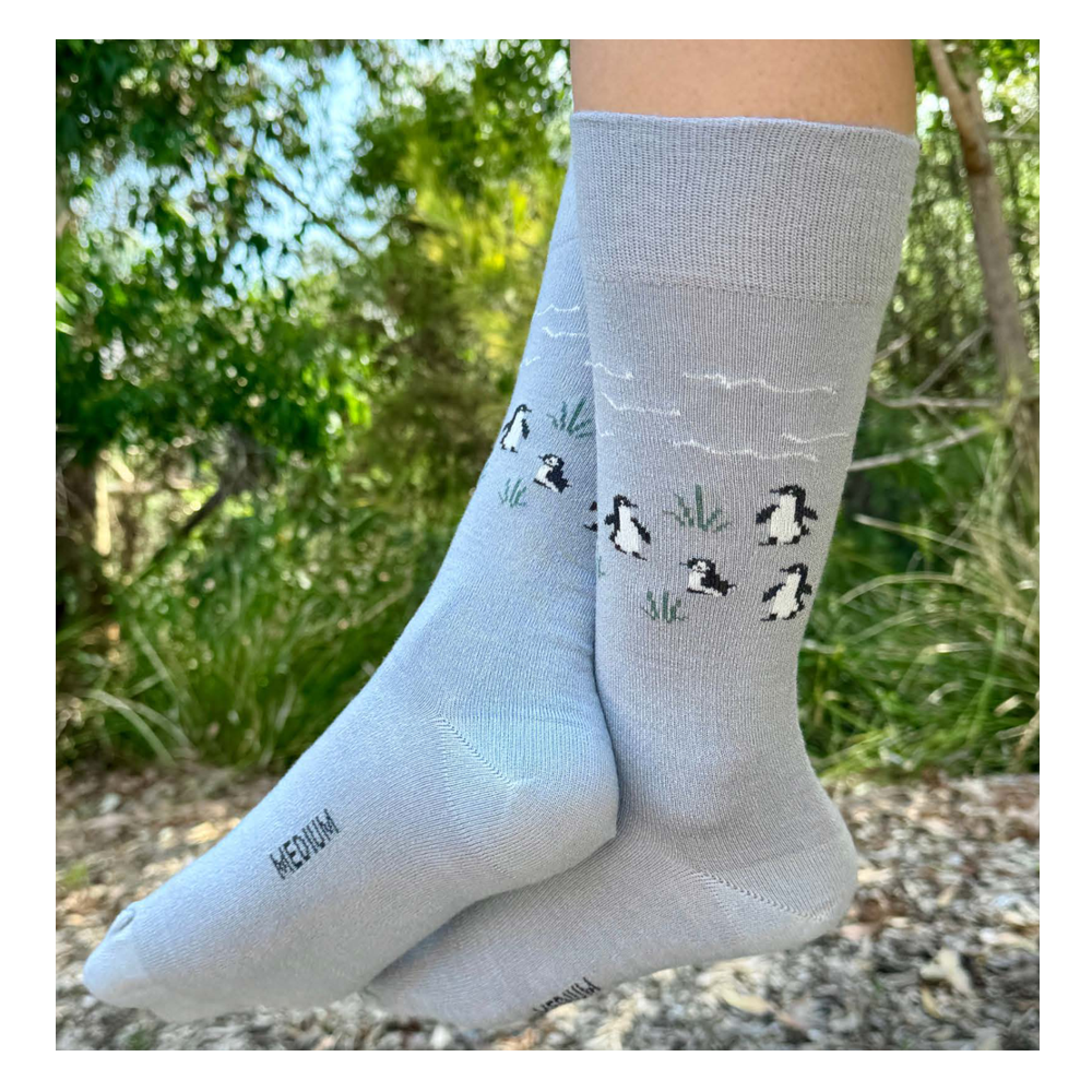 Penguins on Grey Merino Wool Women's Crew Socks - Aussie Made