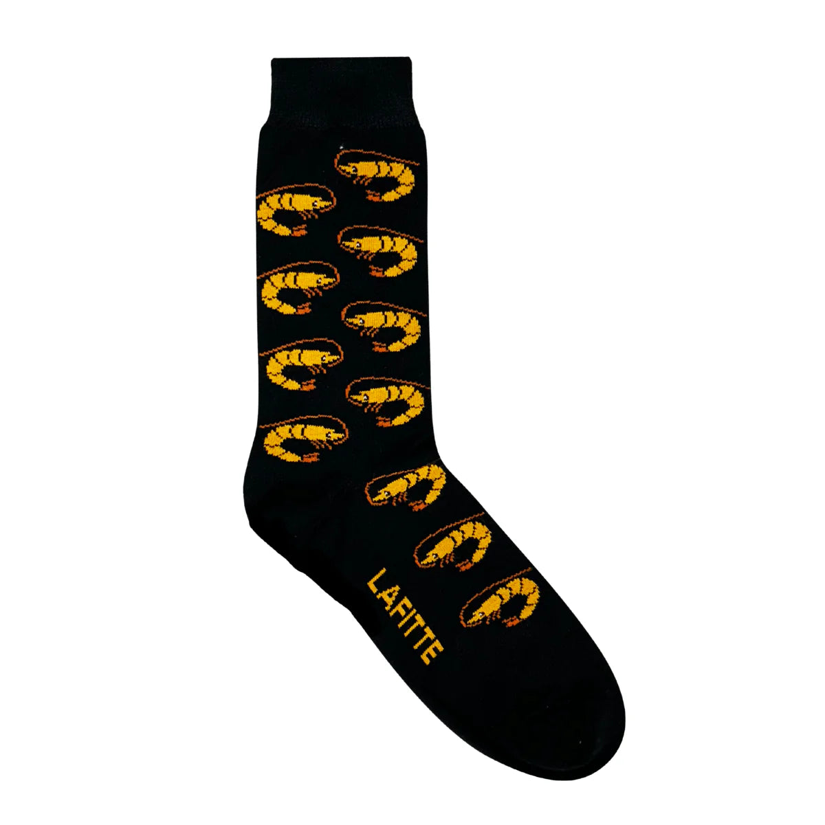 Black sock with yellow prawns pattern and 'Lafitte' branding on a white background