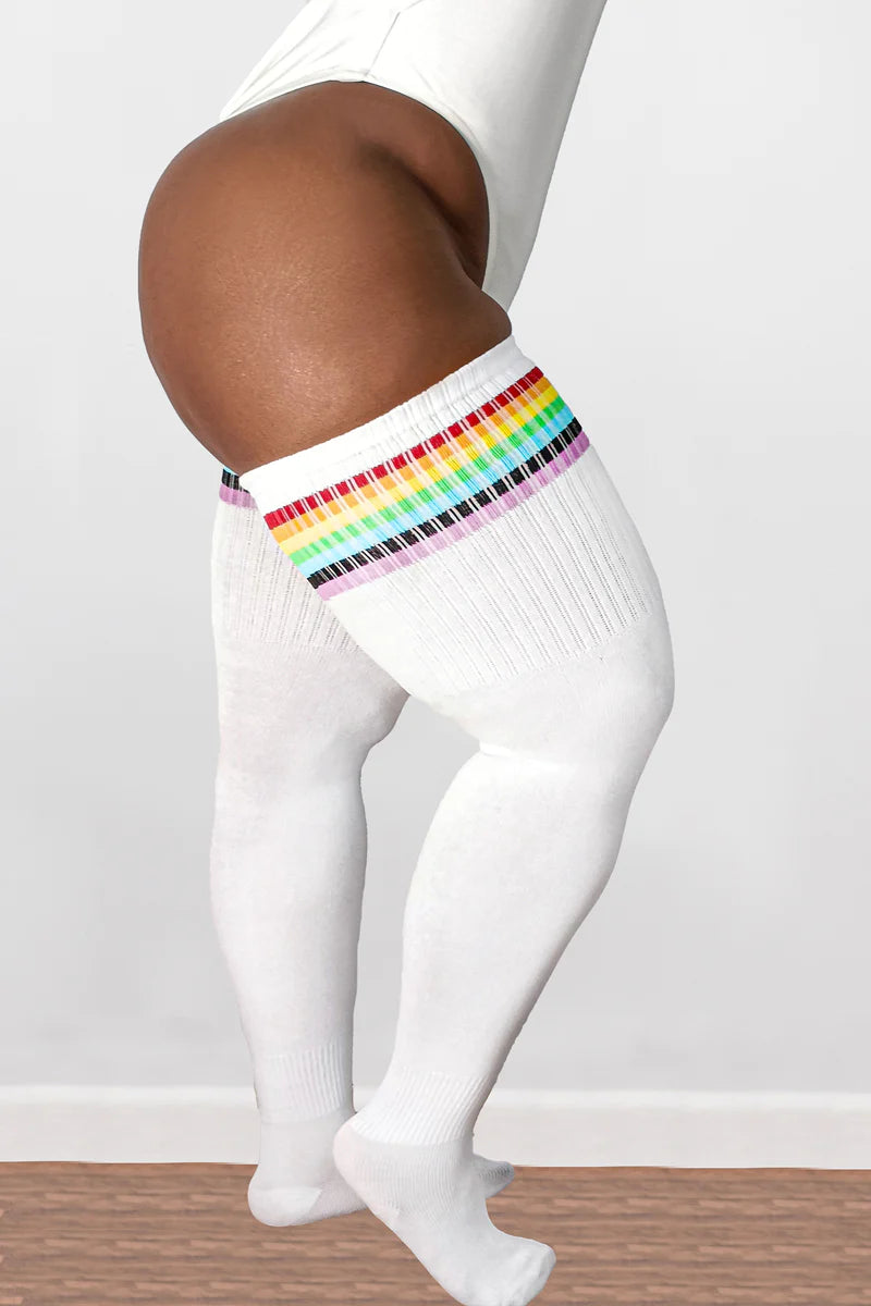 Plus Size Thigh High Socks in White with Rainbow Stripes