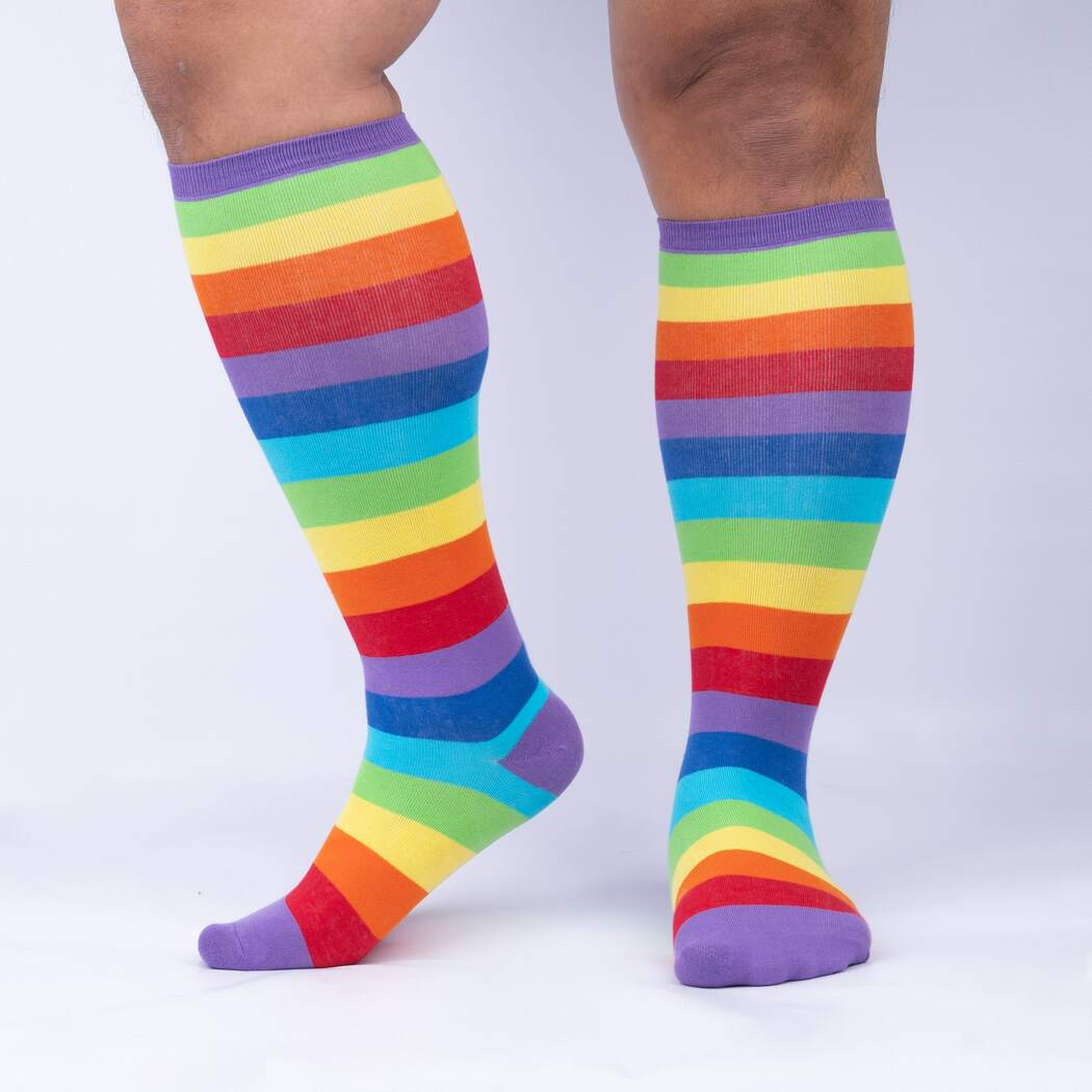 Super Juicy Rainbow Knee High Socks in Extra Stretchy for Wide Calves
