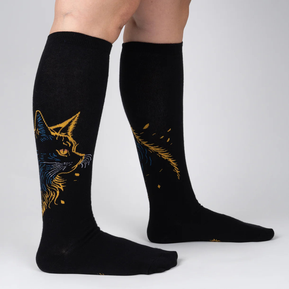 Night Cat Knee High Socks in Extra Stretchy for Wide Calves - The Sockery