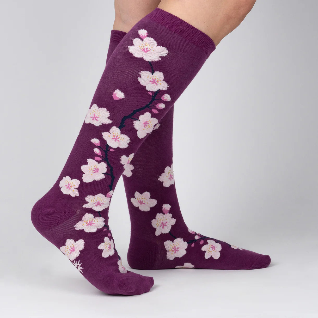 Cherry Blossoms Knee High Sock in Extra Stretchy for Wide Calves - The Sockery