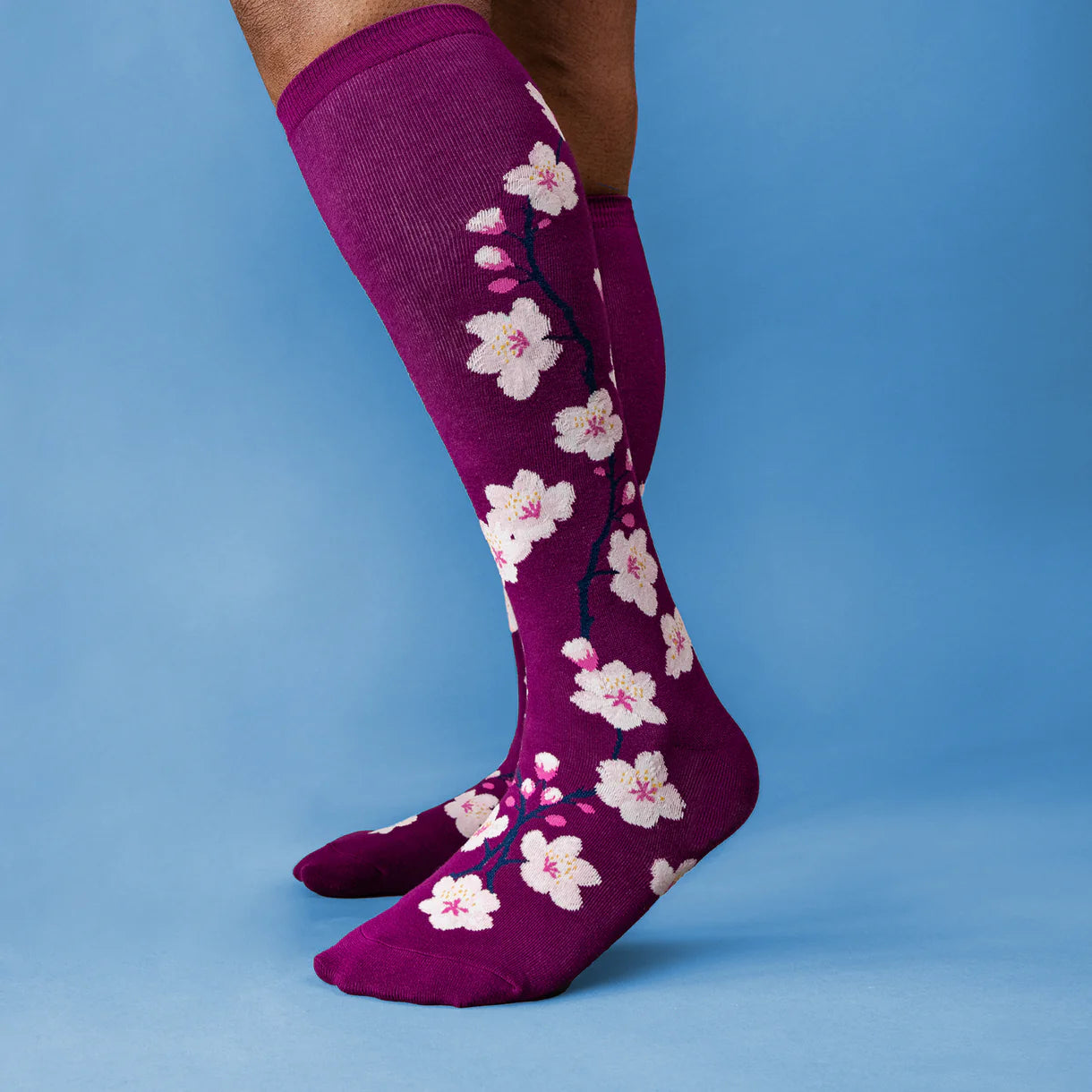 Cherry Blossoms Knee High Sock in Extra Stretchy for Wide Calves