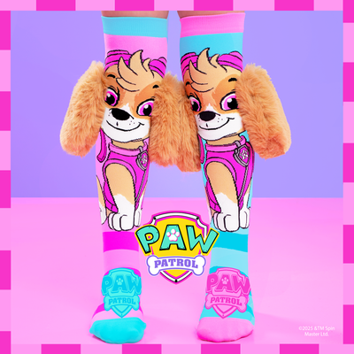 Paw Patrol socks with a cartoon dog design on a pink and purple checkered background