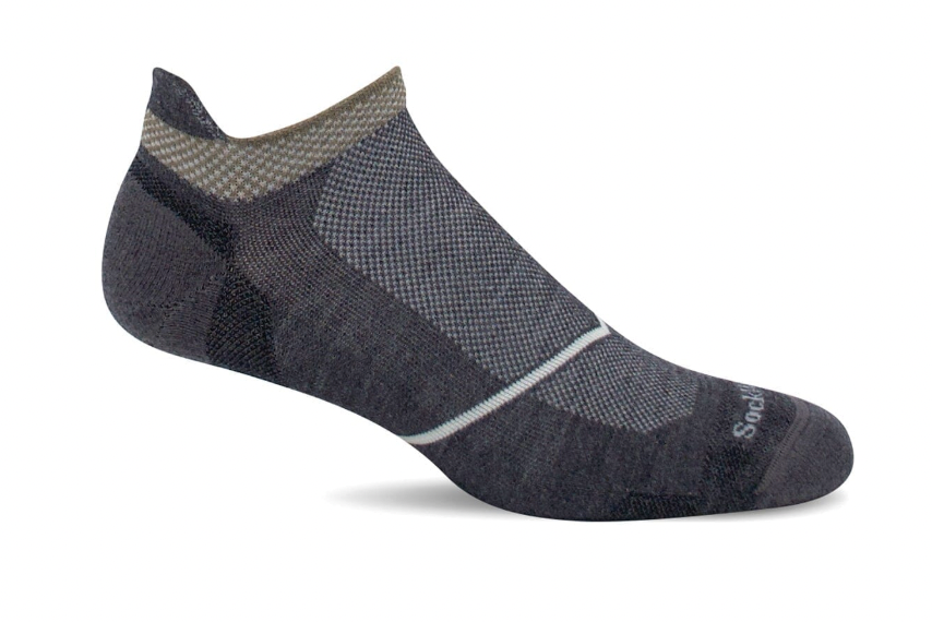 Gray ankle sock with a subtle pattern on a white background