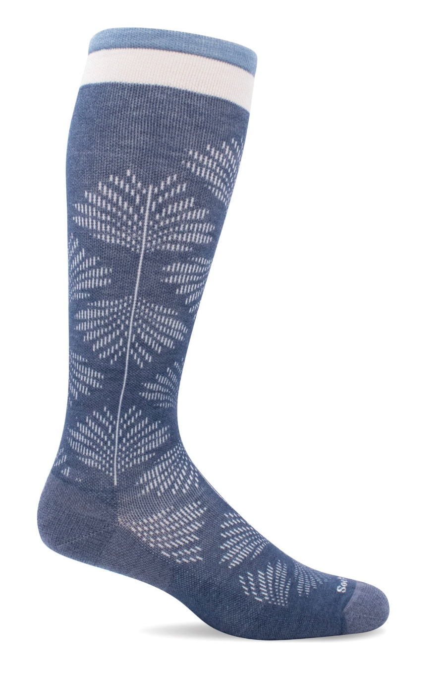 Full Floral Women's Bamboo/Merino Moderate Graduated Compression Socks in Denim - Wide Calf Fit