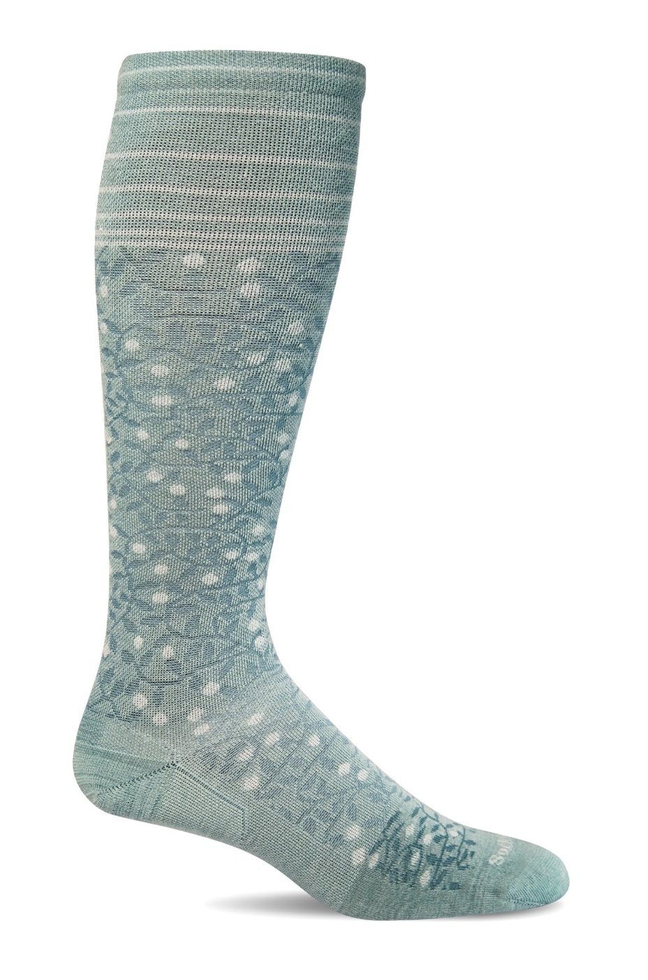 Teal knee-high sock with white polka dots on a white background