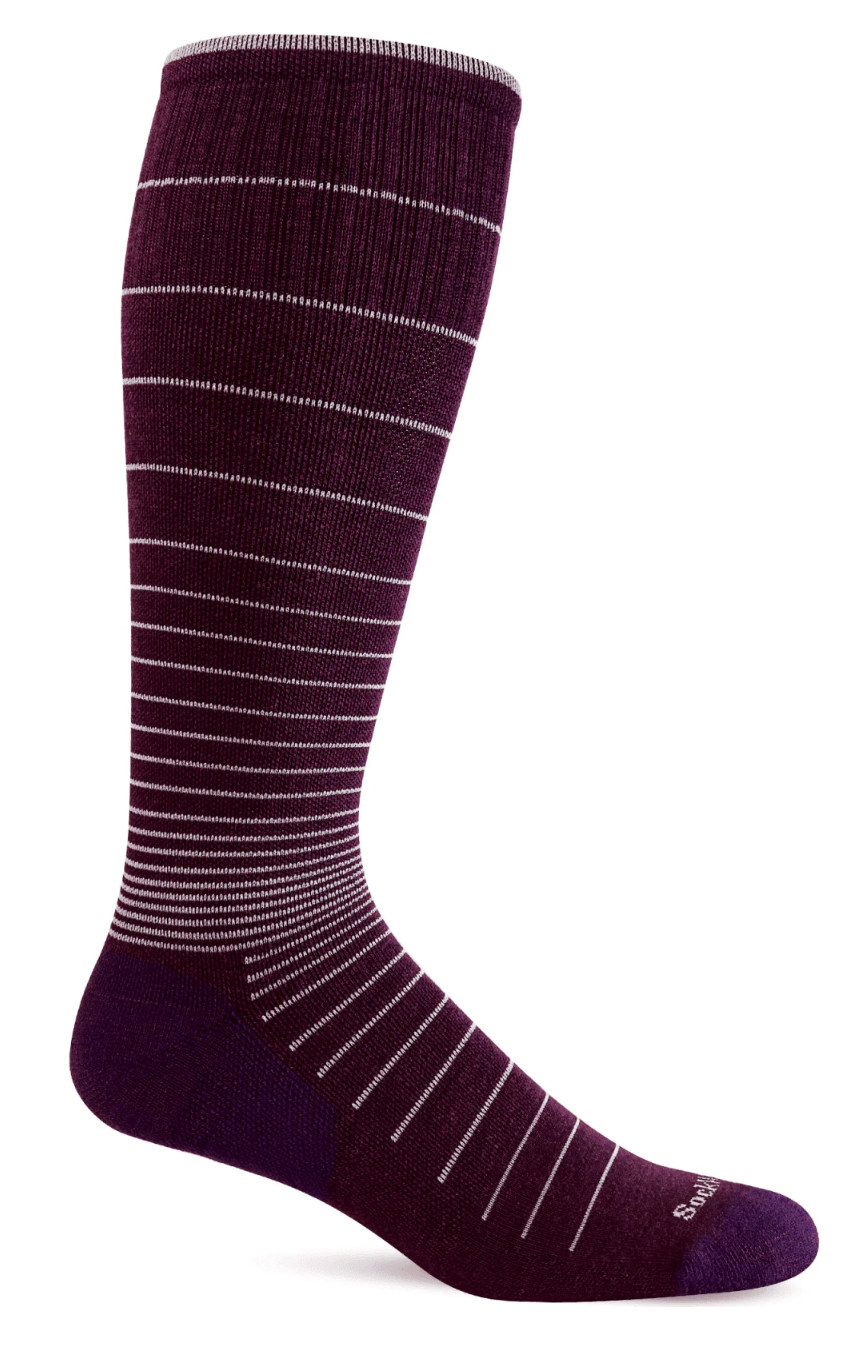 Knee-high sock with horizontal stripes on a white background
