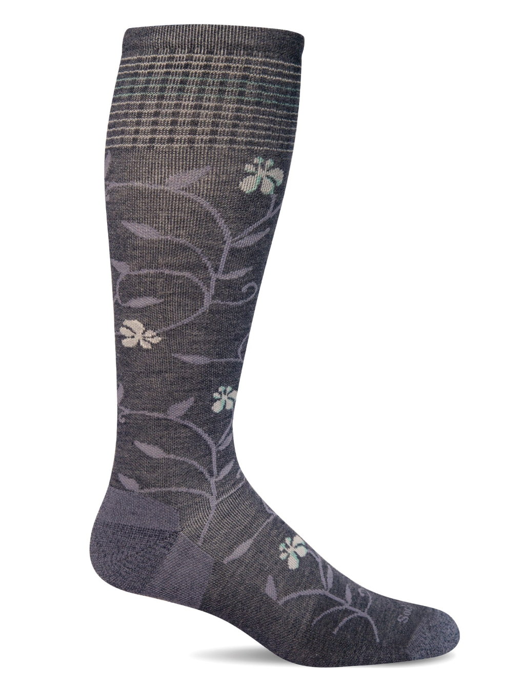 Gray sock with floral pattern on a white background
