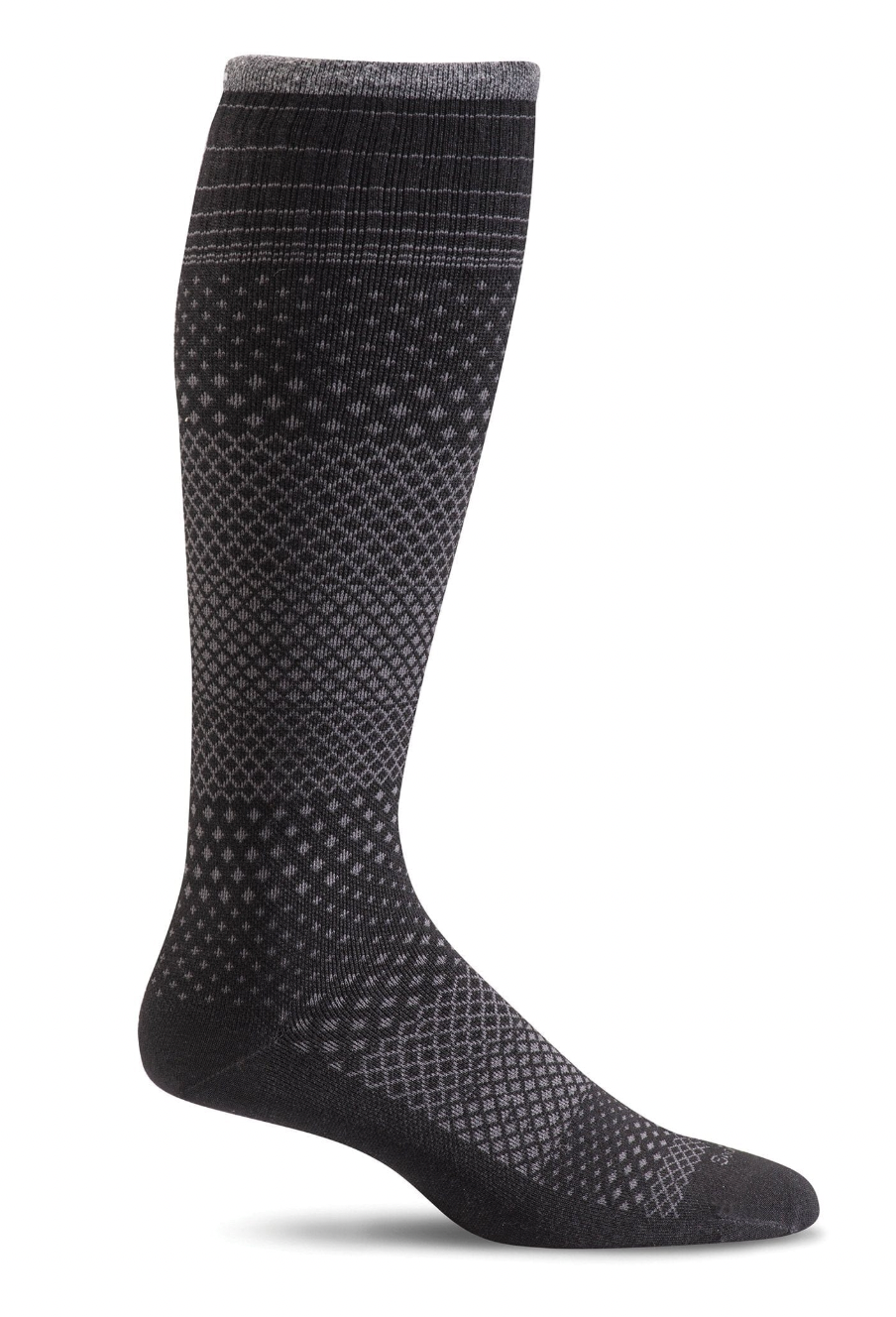 A single knee-high athletic sock in black and dark gray, featuring a textured diamond-pattern knit design, shown against a plain white background.