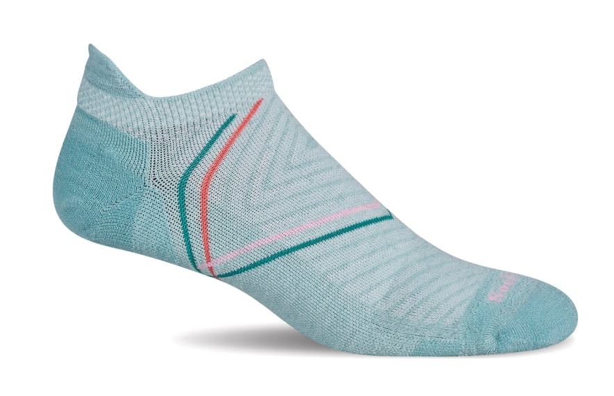 Light blue athletic sock with red and green accents on a white background
