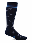 A single navy blue knee-high compression sock with a pattern of small grey airplanes and a light blue striped ribbed cuff, shown on a white background.