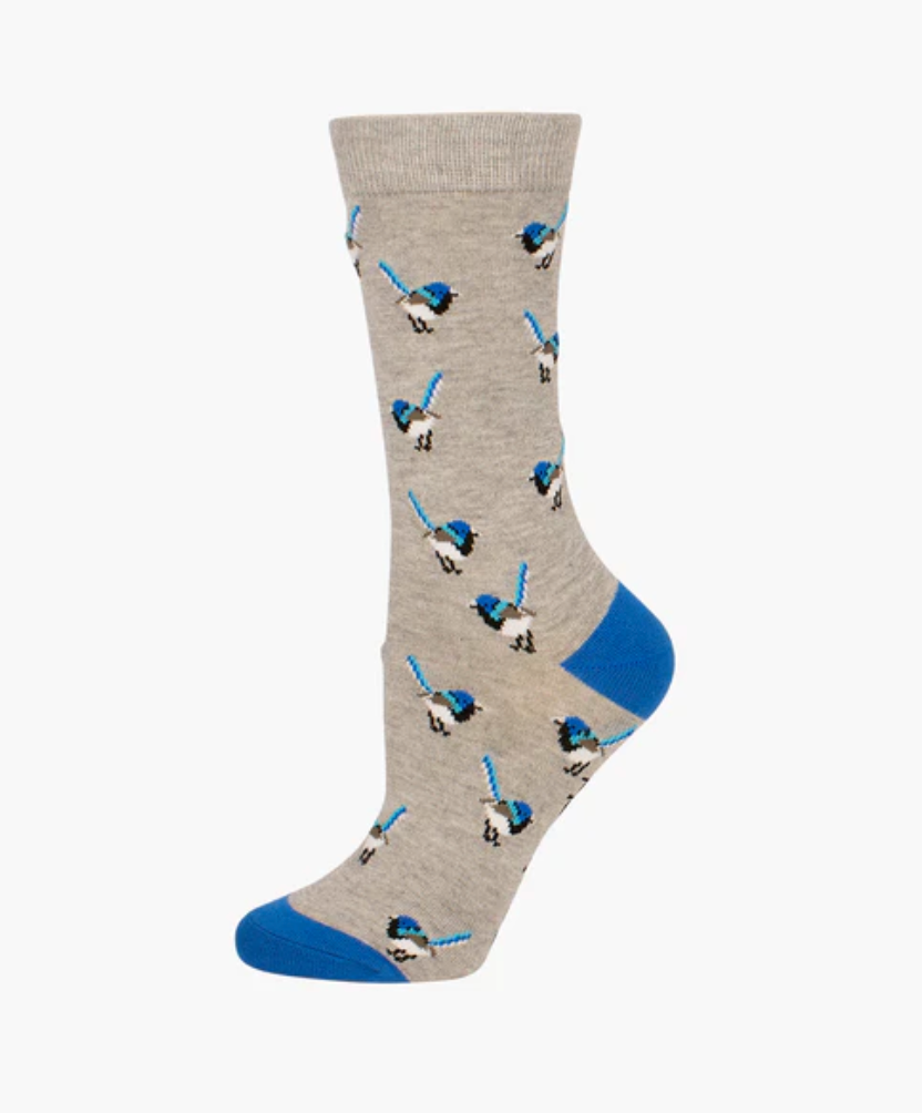 Blue Wren Women's Bamboo Socks on Grey