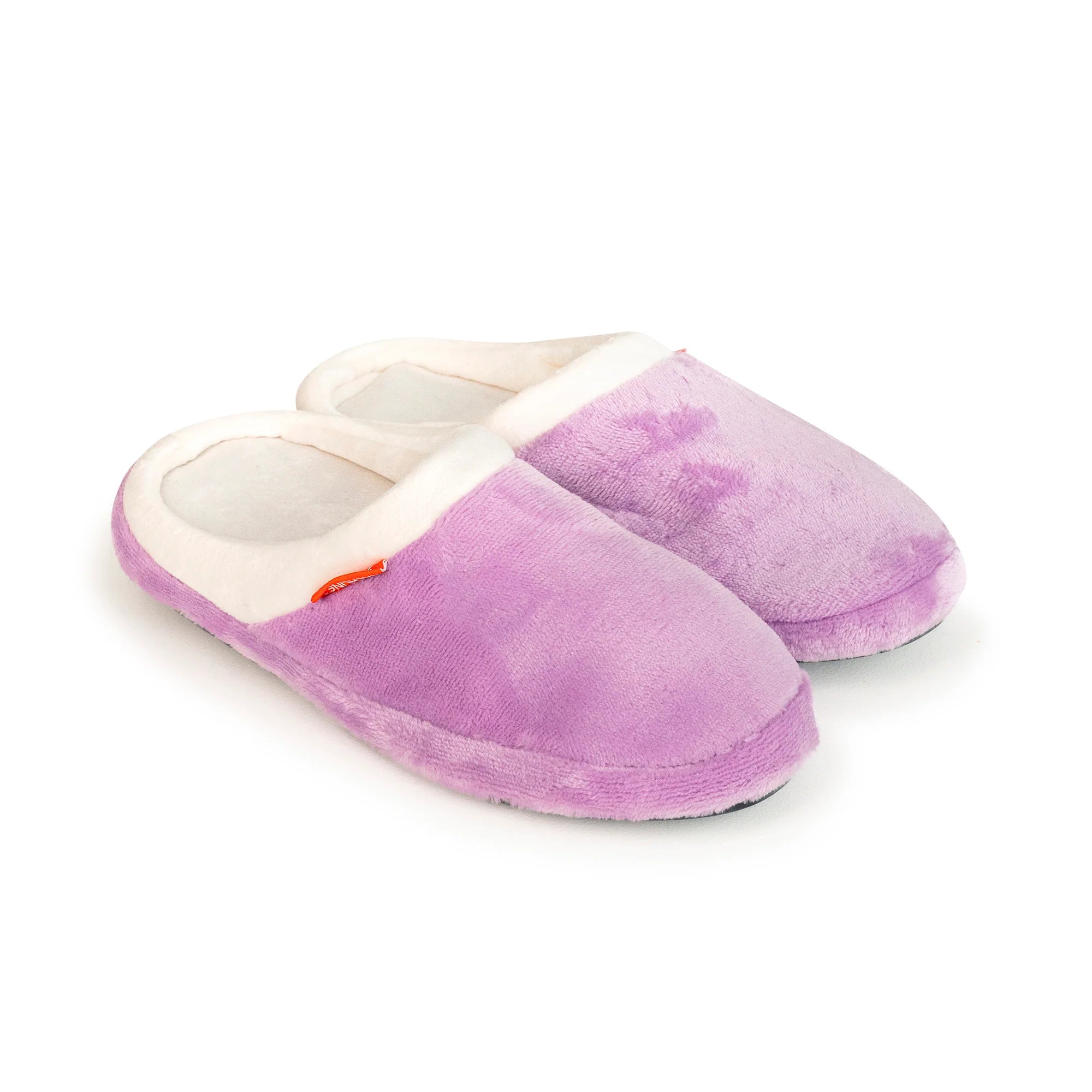 Pair of purple slippers with white interior on a white background