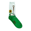 Green sock with gardening design on a white background