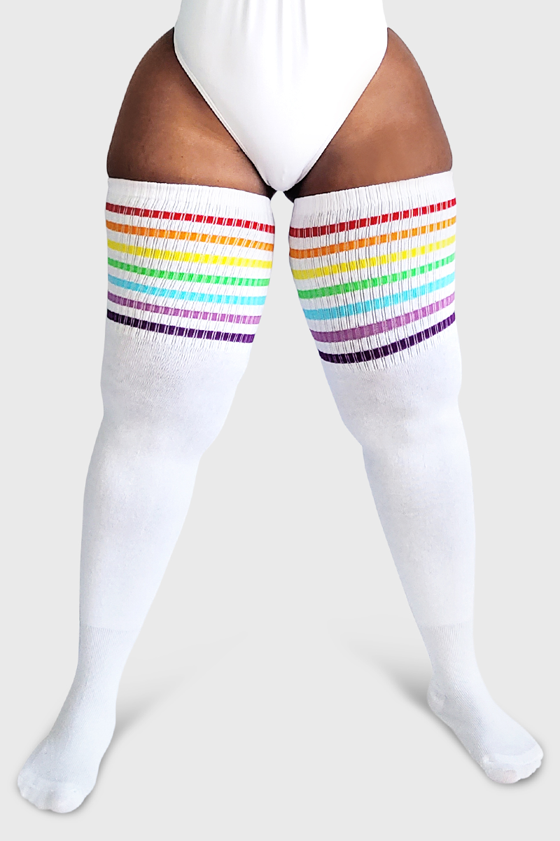 Plus Size Thigh High Socks in White with Rainbow Stripes - The Sockery