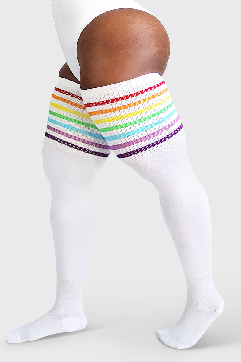 Plus Size Thigh High Socks in White with Rainbow Stripes - The Sockery